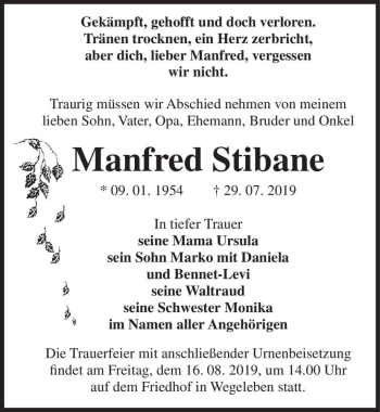 Traueranzeige von Manfred Stibane  von Magdeburger Volksstimme