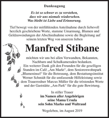 Traueranzeige von Manfred Stibane  von Magdeburger Volksstimme