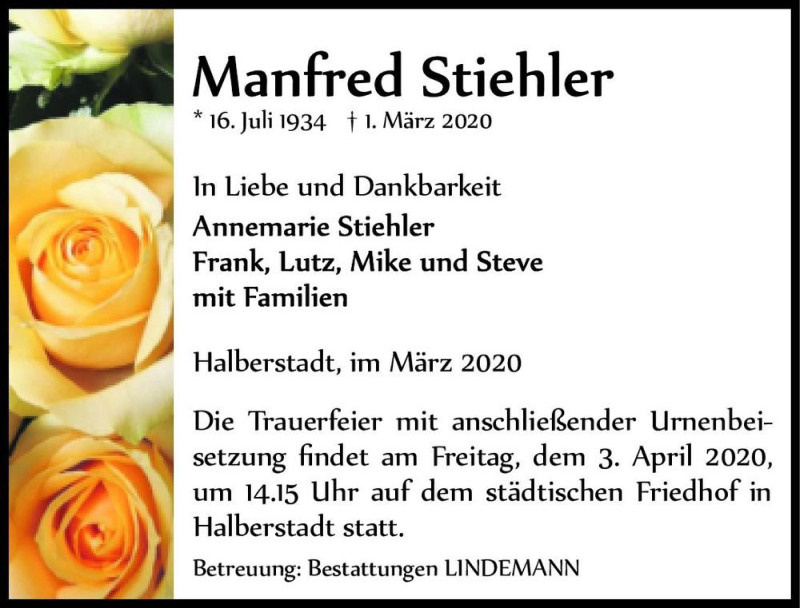  Traueranzeige für Manfred Stiehler  vom 14.03.2020 aus Magdeburger Volksstimme