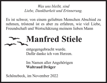 Traueranzeige von Manfred Stiele  von Magdeburger Volksstimme