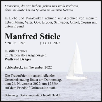 Traueranzeige von Manfred Stiele  von Magdeburger Volksstimme