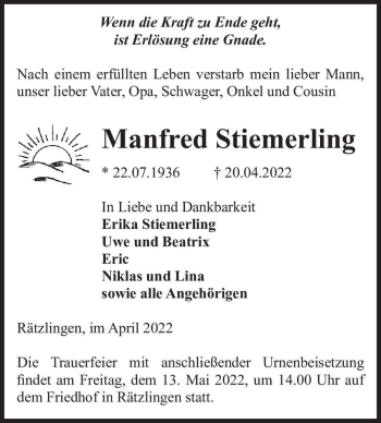 Traueranzeige von Manfred Stiemerling  von Magdeburger Volksstimme