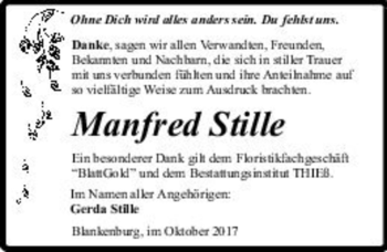 Traueranzeige von Manfred Stille  von Magdeburger Volksstimme
