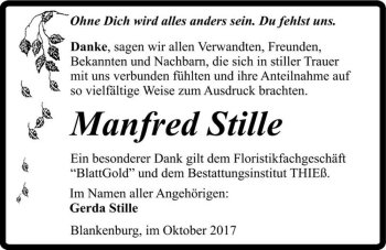 Traueranzeige von Manfred Stille  von Magdeburger Volksstimme