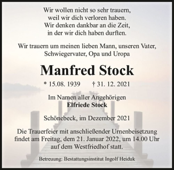 Traueranzeige von Manfred Stock  von Magdeburger Volksstimme