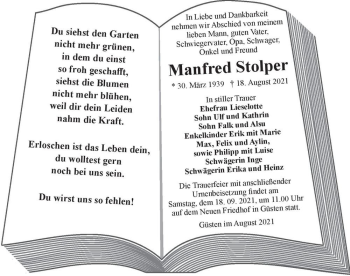 Traueranzeige von Manfred Stolper  von Magdeburger Volksstimme