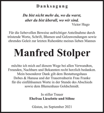 Traueranzeige von Manfred Stolper  von Magdeburger Volksstimme