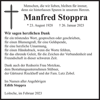Traueranzeige von Manfred Stoppra  von Magdeburger Volksstimme
