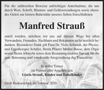 Traueranzeige von Manfred Strauß  von Magdeburger Volksstimme