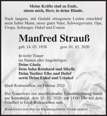 Traueranzeige von Manfred Strauß  von Magdeburger Volksstimme