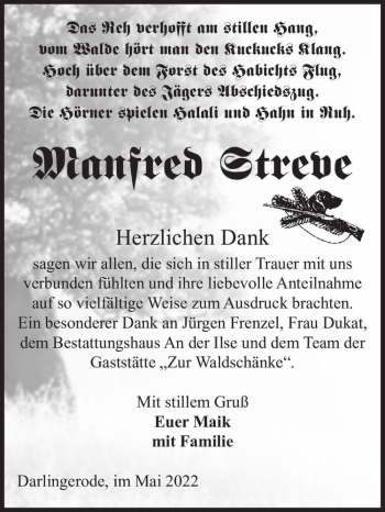 Traueranzeige von Manfred Streve  von Magdeburger Volksstimme