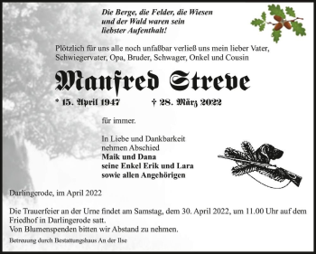 Traueranzeige von Manfred Streve  von Magdeburger Volksstimme