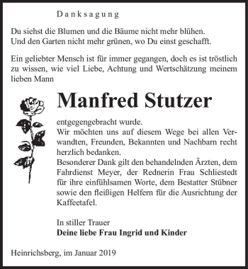 Traueranzeige von Manfred Stutzer  von Magdeburger Volksstimme
