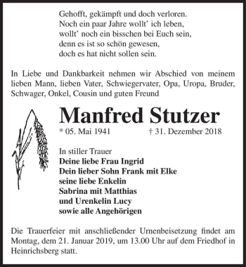 Traueranzeige von Manfred Stutzer  von Magdeburger Volksstimme
