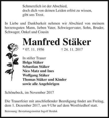 Traueranzeige von Manfred Stäker  von Magdeburger Volksstimme