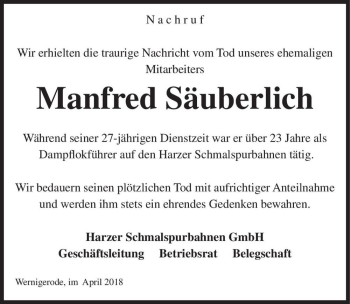 Traueranzeige von Manfred Säuberlich  von Magdeburger Volksstimme