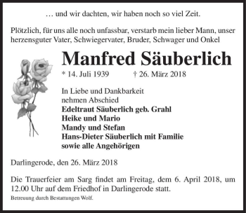 Traueranzeige von Manfred Säuberlich  von Magdeburger Volksstimme