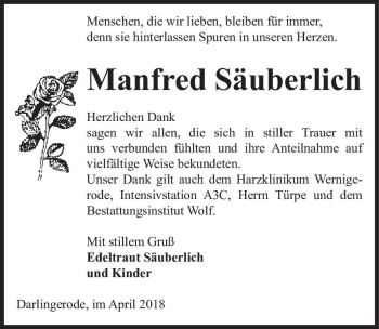 Traueranzeige von Manfred Säuberlich  von Magdeburger Volksstimme