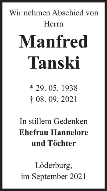 Traueranzeige von Manfred Tanski  von Magdeburger Volksstimme
