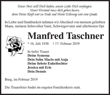 Traueranzeige von Manfred Taschner  von Magdeburger Volksstimme