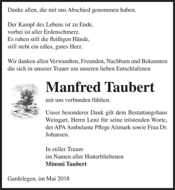 Traueranzeige von Manfred Taubert  von Magdeburger Volksstimme