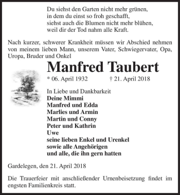 Traueranzeige von Manfred Taubert  von Magdeburger Volksstimme