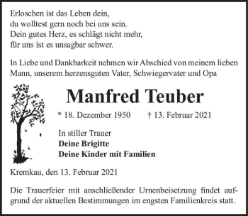 Traueranzeige von Manfred Teuber  von Magdeburger Volksstimme