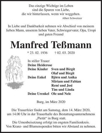 Traueranzeige von Manfred Teßmann  von Magdeburger Volksstimme