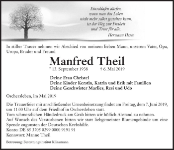 Traueranzeige von Manfred Theil  von Magdeburger Volksstimme