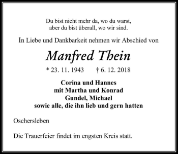 Traueranzeige von Manfred Thein  von Magdeburger Volksstimme