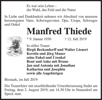 Traueranzeige von Manfred Thiede  von Magdeburger Volksstimme