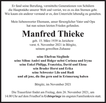 Traueranzeige von Manfred Thieke  von Magdeburger Volksstimme