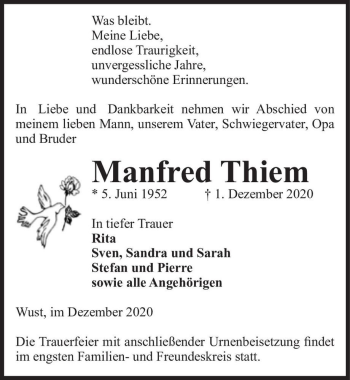 Traueranzeige von Manfred Thiem  von Magdeburger Volksstimme