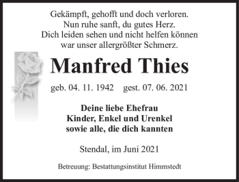 Traueranzeige von Manfred Thies  von Magdeburger Volksstimme