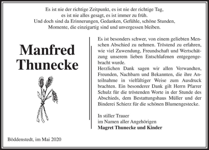 Traueranzeige für Manfred Thunecke  vom 06.06.2020 aus Magdeburger Volksstimme