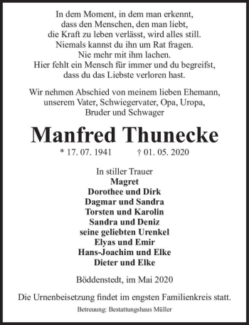 Traueranzeige von Manfred Thunecke  von Magdeburger Volksstimme