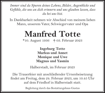 Traueranzeige von Manfred Totte  von Magdeburger Volksstimme