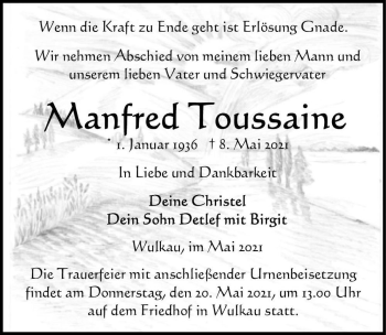 Traueranzeige von Manfred Toussaine  von Magdeburger Volksstimme