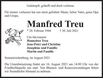 Traueranzeige von Manfred Treu  von Magdeburger Volksstimme