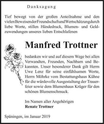 Traueranzeige von Manfred Trottner  von Magdeburger Volksstimme