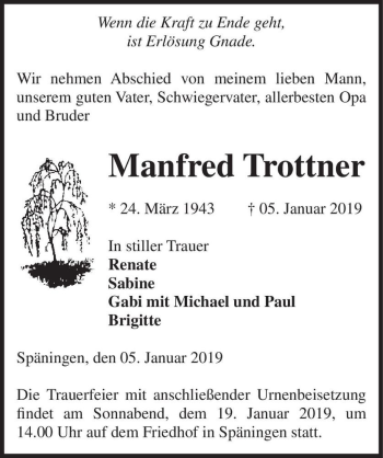 Traueranzeige von Manfred Trottner  von Magdeburger Volksstimme