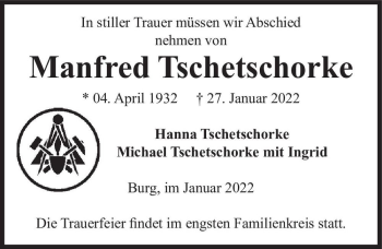 Traueranzeige von Manfred Tschetschorke  von Magdeburger Volksstimme