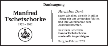 Traueranzeige von Manfred Tschetschorke  von Magdeburger Volksstimme