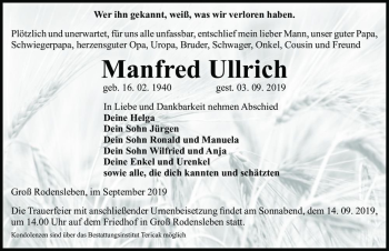 Traueranzeige von Manfred Ullrich  von Magdeburger Volksstimme