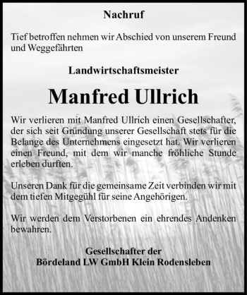 Traueranzeige von Manfred Ullrich  von Magdeburger Volksstimme