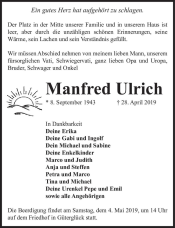 Traueranzeige von Manfred Ulrich  von Magdeburger Volksstimme