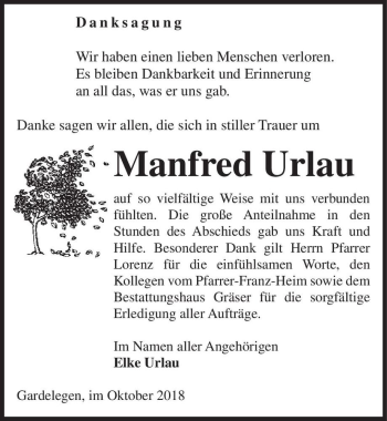 Traueranzeige von Manfred Urlau  von Magdeburger Volksstimme