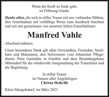 Traueranzeige von Manfred Vahle  von Magdeburger Volksstimme