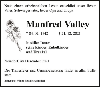 Traueranzeige von Manfred Valley  von Magdeburger Volksstimme
