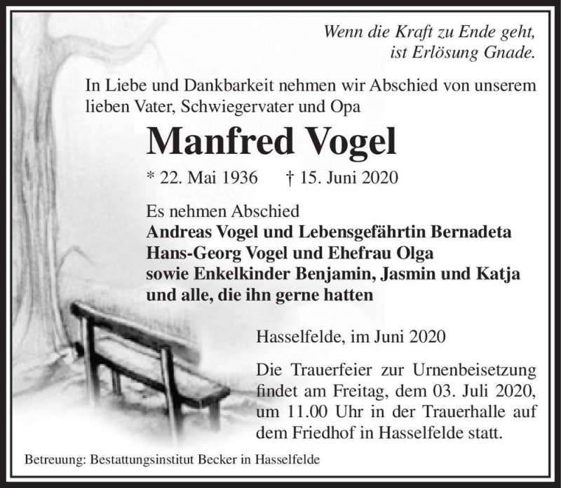 Traueranzeige für Manfred Vogel  vom 27.06.2020 aus Magdeburger Volksstimme